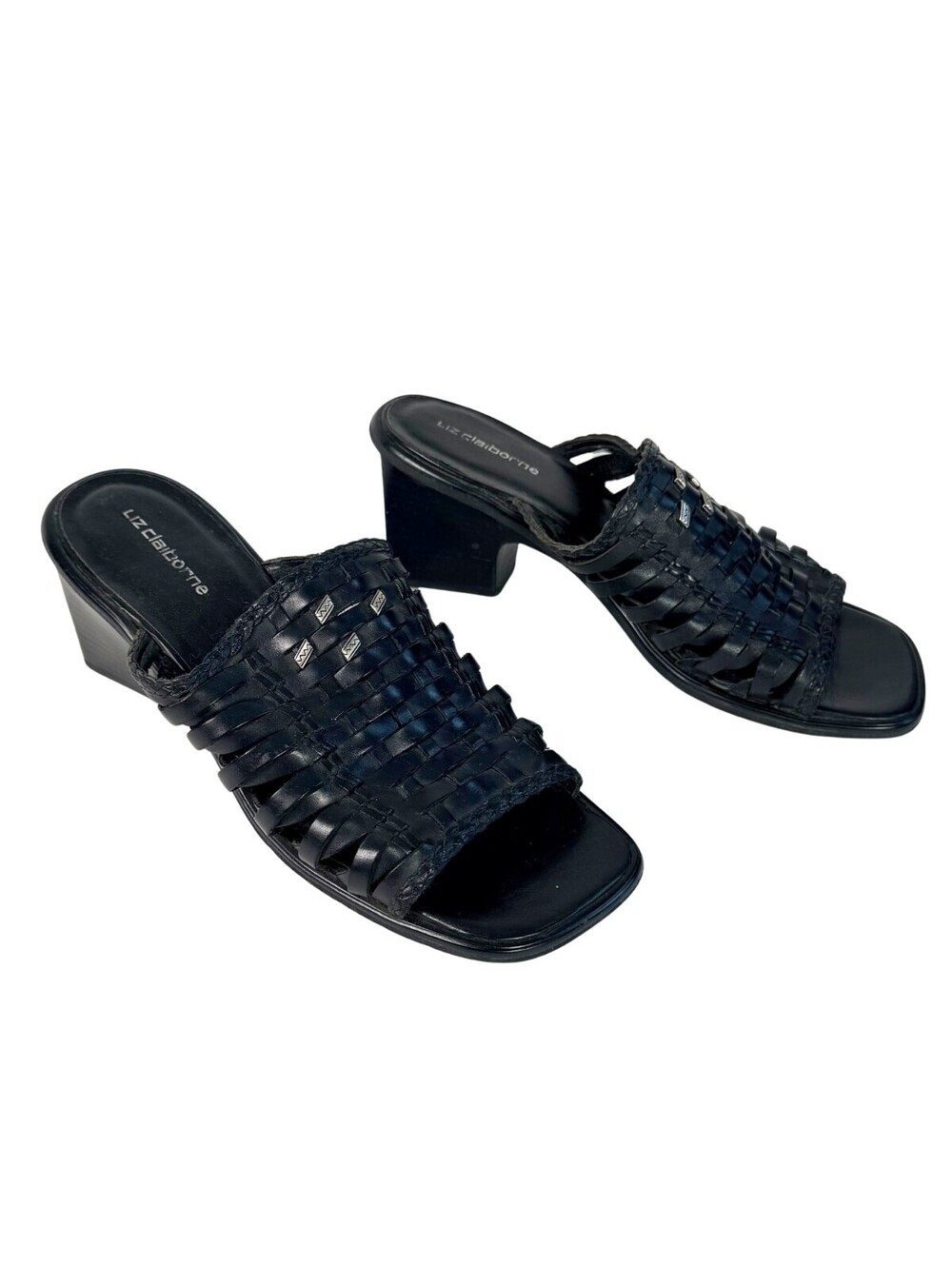 Liz Claiborne Woven Leather Slide Heels Black Huarache Sandals 7.5 Made Brazil